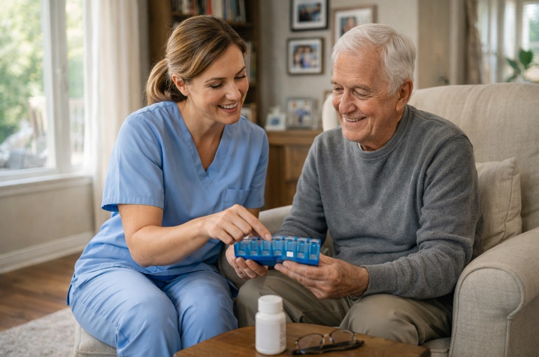 In-home caregiver showing an elderly man how to use a weekly pill organizer in a living room