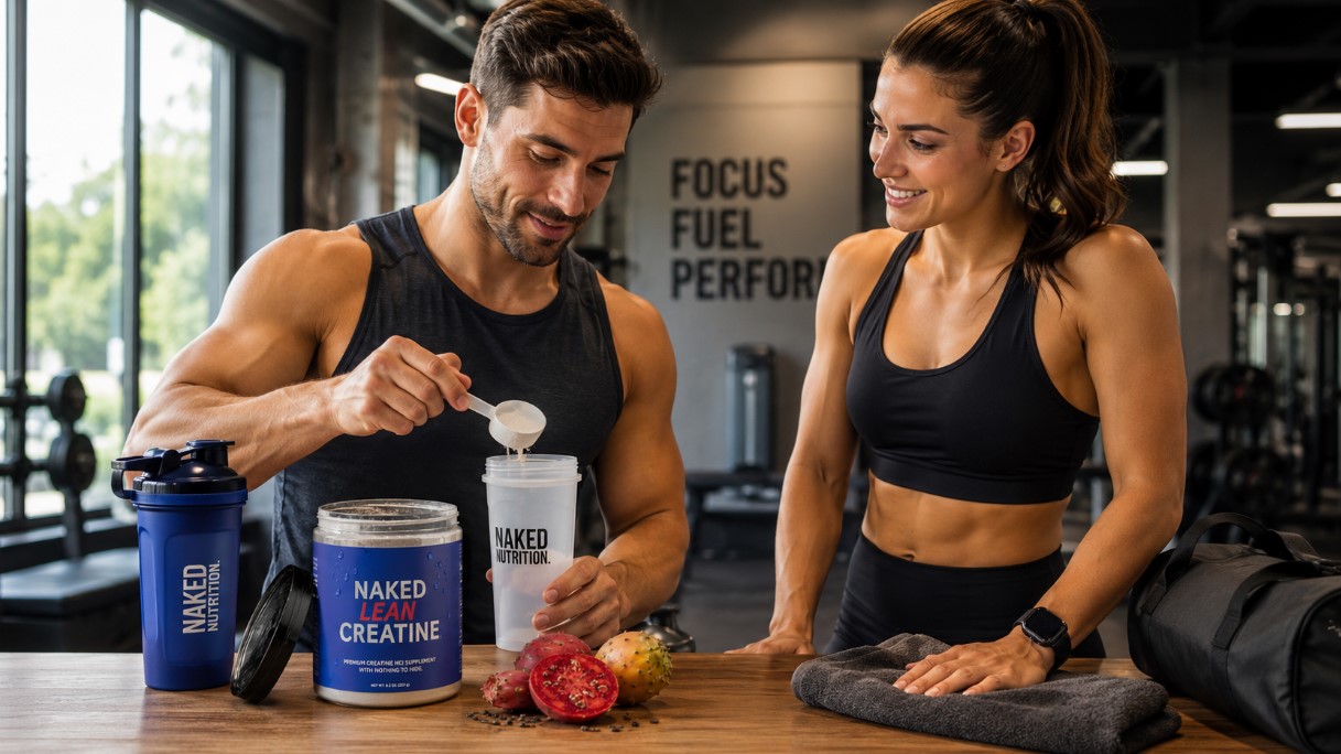 Naked Lean Creatine - Male and female athletes mixing creatine supplement in a gym before training with shaker bottles and fitness equipment nearby