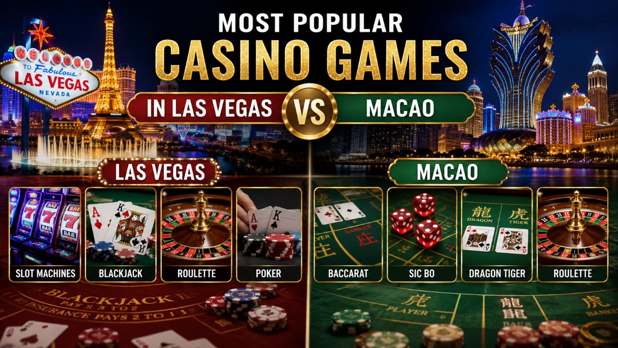 Comparison graphic showing the most popular casino games in Las Vegas and Macao, including slots, blackjack, roulette, poker, baccarat, sic bo, and dragon tiger