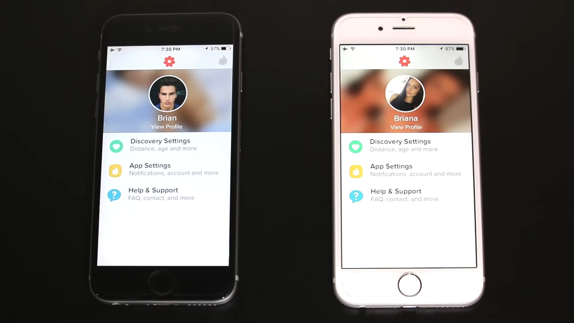 Two smartphones displaying dating app profile screens with user settings and profile information visible
