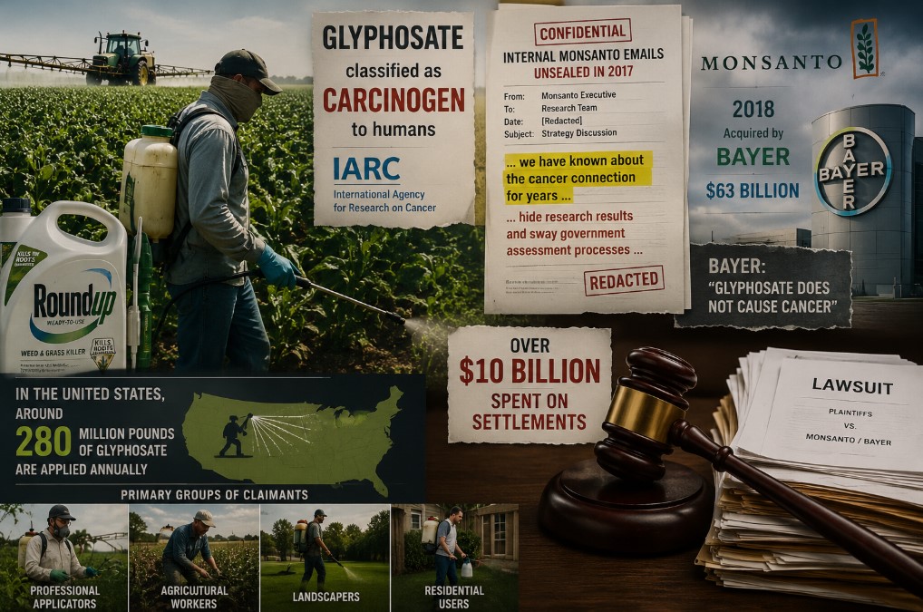Editorial illustration showing agricultural workers applying herbicides, legal documents, a courthouse gavel, and references to glyphosate-related cancer lawsuits involving Monsanto and Bayer.