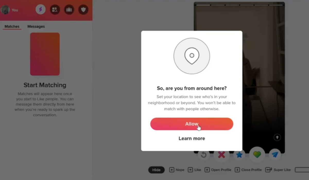 Dating app pop up requesting location permission to find nearby matches