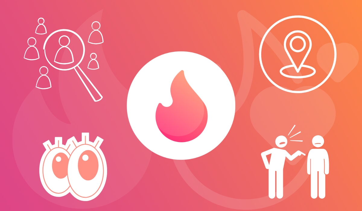 Illustration with the Tinder logo surrounded by icons representing people search, location, profile viewing, and social interactions