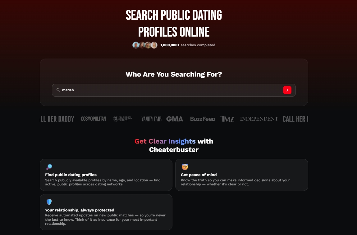 Screenshot of a dating profile search website with a search bar and features for finding public dating profiles by name, age, and location.