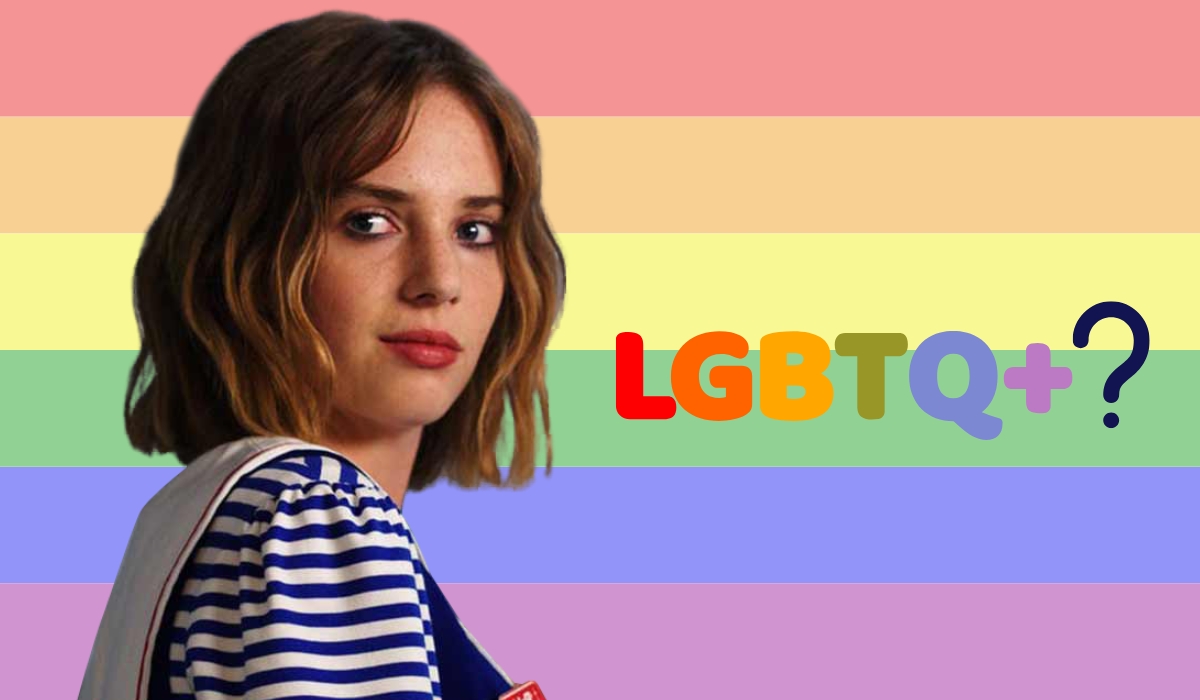 Portrait of Maya Hawke against a rainbow-striped background with the text "LGBTQ+?" displayed beside her.