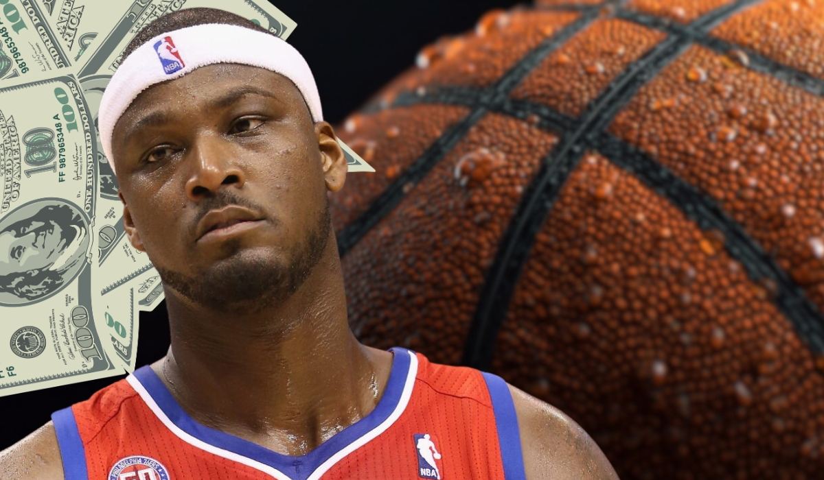 Kwame Brown in an NBA jersey with a basketball and dollar bills in the background representing career earnings and net worth