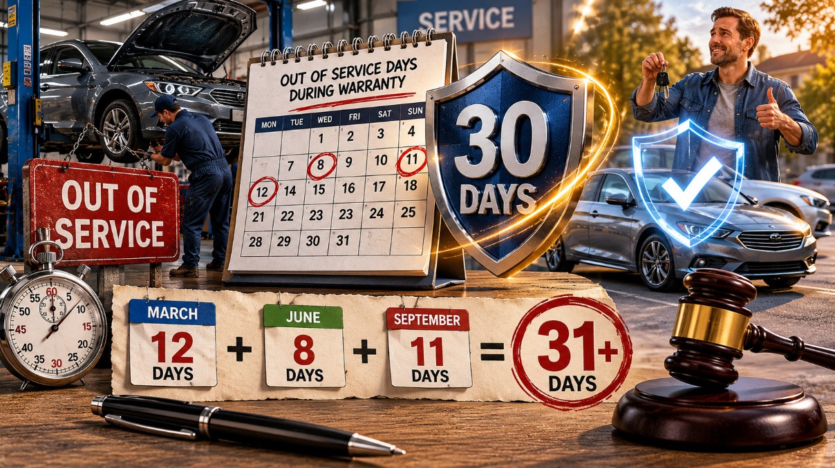 Illustration showing a vehicle undergoing repeated warranty repairs, a calendar tracking out-of-service days across multiple months, and a legal protection symbol representing the lemon law 30-day rule.