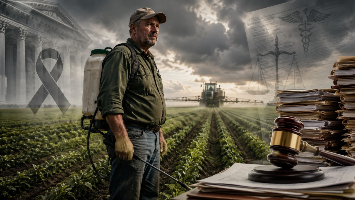 File a Roundup Lawsuit. Farmer standing in a crop field with a herbicide sprayer, surrounded by legal documents, courthouse imagery, and lawsuit files representing Roundup cancer litigation and glyphosate exposure claims.