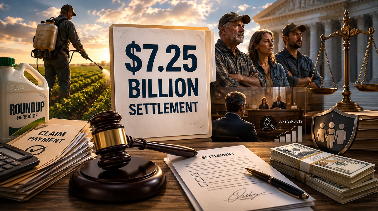 Infographic showing the $7.25 billion Roundup settlement, legal compensation factors, court approval process, and financial awards available to eligible claimants
