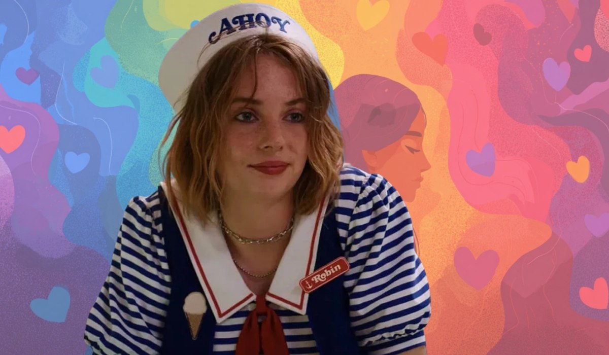 Maya Hawke in a striped uniform and sailor hat, seated against a colorful background filled with hearts and illustrated silhouettes