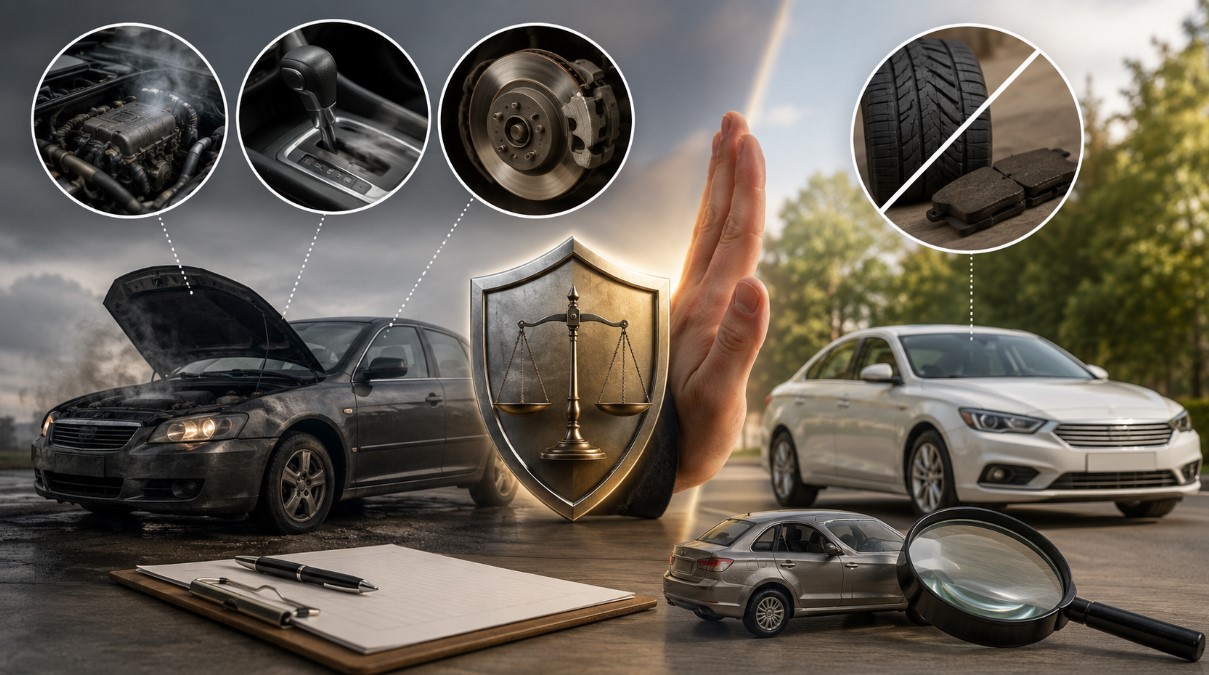 Conceptual illustration of a defective vehicle with engine, transmission, and brake issues contrasted with a reliable car, symbolizing lemon law protection for substantial defects that affect safety, value, or usability.