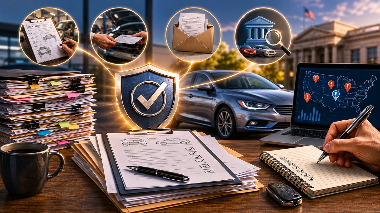 Office desk with vehicle repair records, inspection documents, magnifying glass, car keys, and legal protection symbols illustrating the importance of documentation in a lemon law claim.