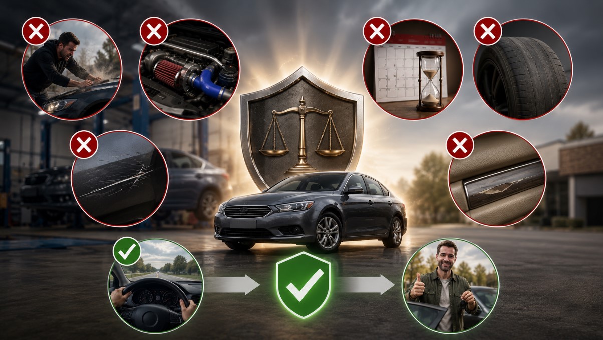 Conceptual illustration showing vehicle issues excluded from lemon law protection, including owner-caused damage, unauthorized modifications, worn tires, cosmetic scratches, and expired warranty concerns, contrasted with a legally protected reliable vehicle.