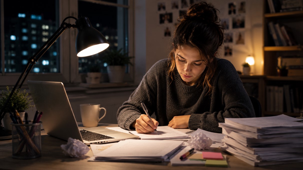 Student working late at night on an essay using a laptop, notes, books, and study materials arranged on a desk.