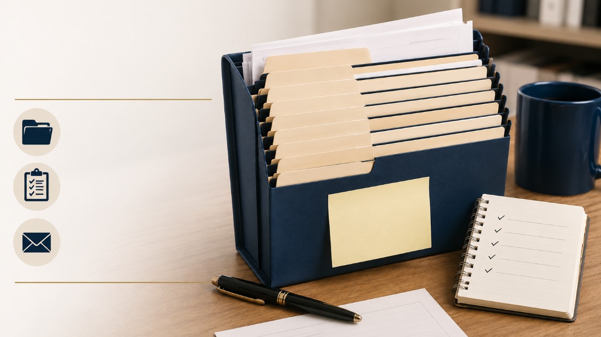 A neatly organized claim file with folders, documents, checklist notebook, pen, and coffee cup on an office desk.