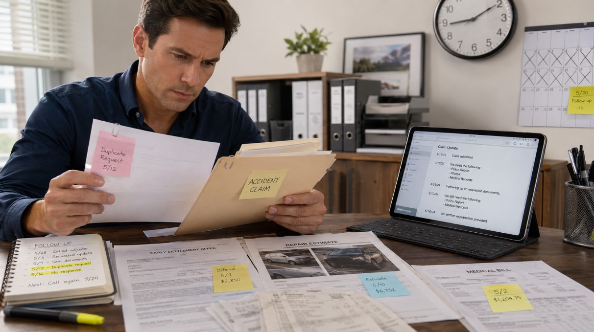 Person reviewing accident claim documents, follow-up notes, bills, and a claim timeline while checking for possible insurance delay tactics.