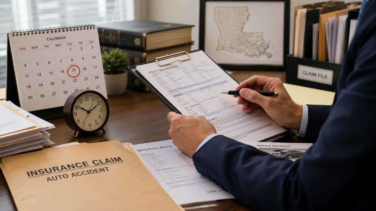 Professional reviewing an auto accident insurance claim file with a calendar, clock, medical bills, repair estimate, and Louisiana map.