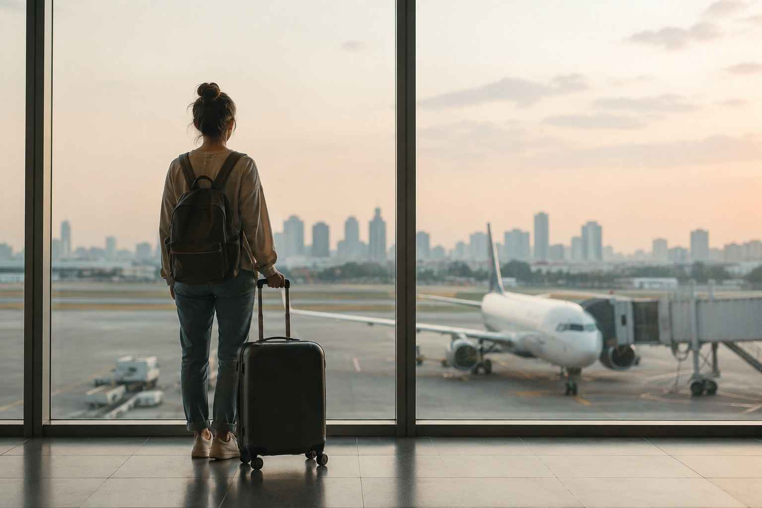 Woman with luggage waiting at an airport before an international move.