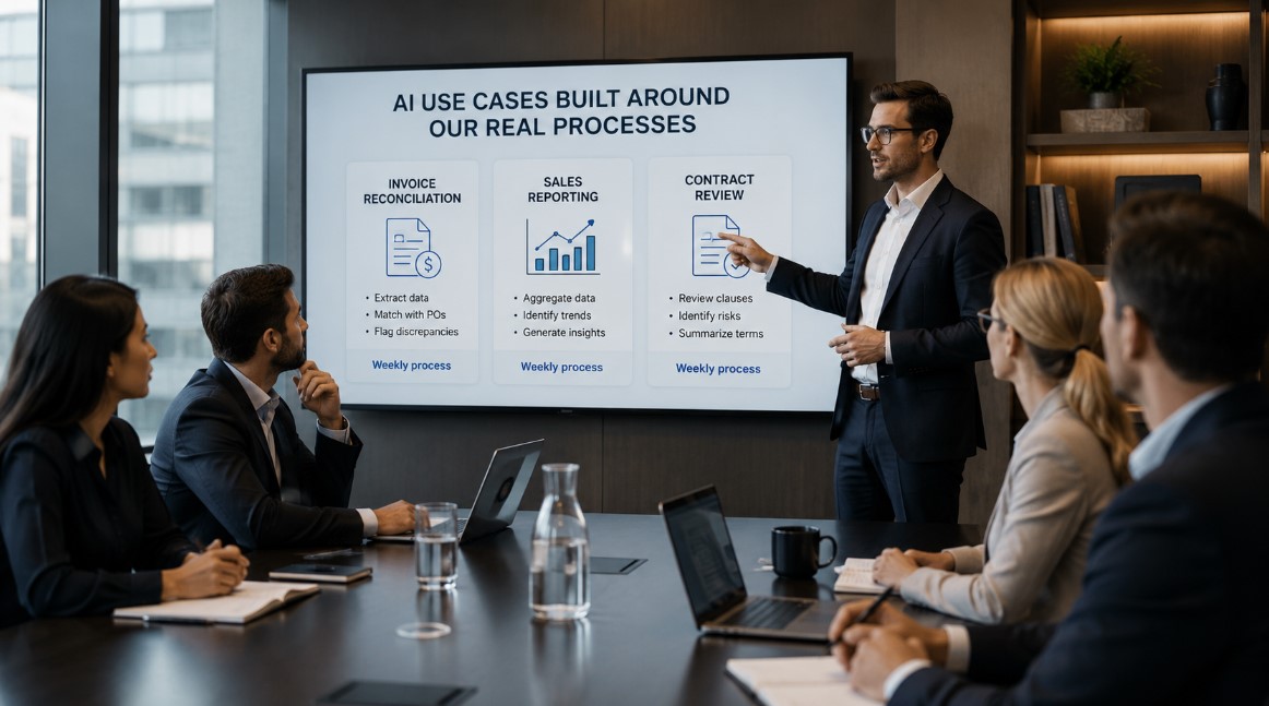 Business presenter demonstrating AI use cases for invoice reconciliation, sales reporting, and contract review to a corporate team