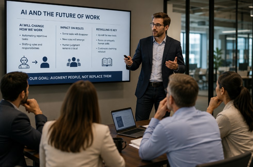 Corporate AI speaker discussing job impact, automation, and employee reskilling with a business team