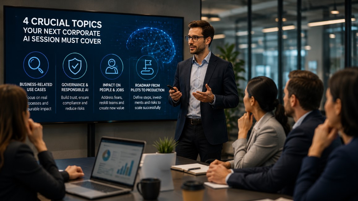 AI expert presenting four key corporate AI topics to business professionals