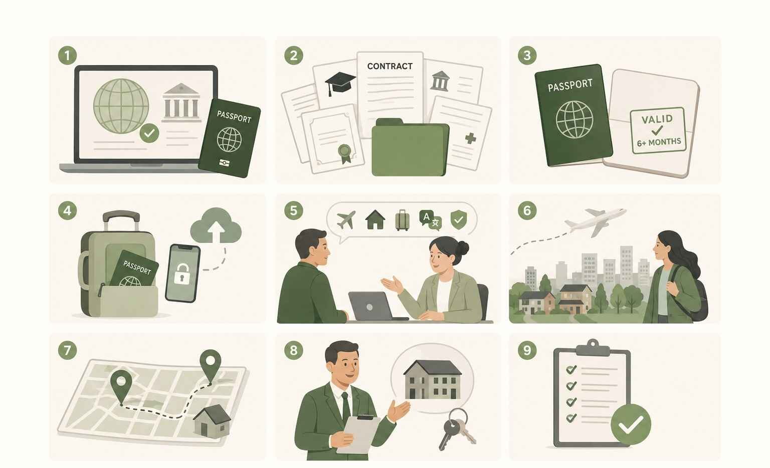 Relocation checklist with documents, passport, housing, travel, and preparation steps.