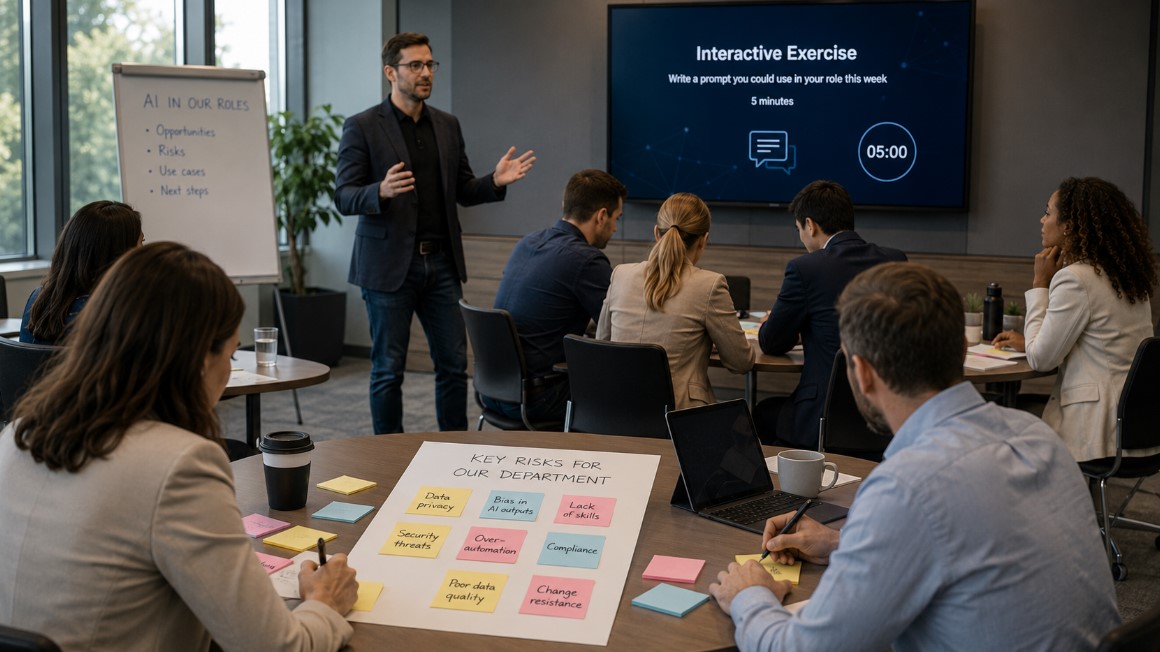 Employees participating in an interactive AI workshop focused on prompts, departmental risks and practical business applications