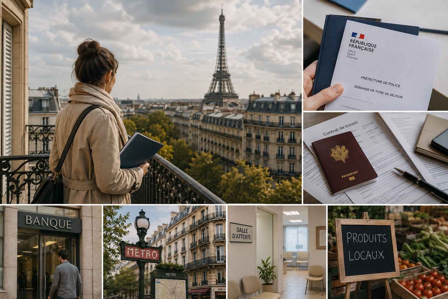Moving to France with Paris landmarks, residency documents, banking, transport, and healthcare.