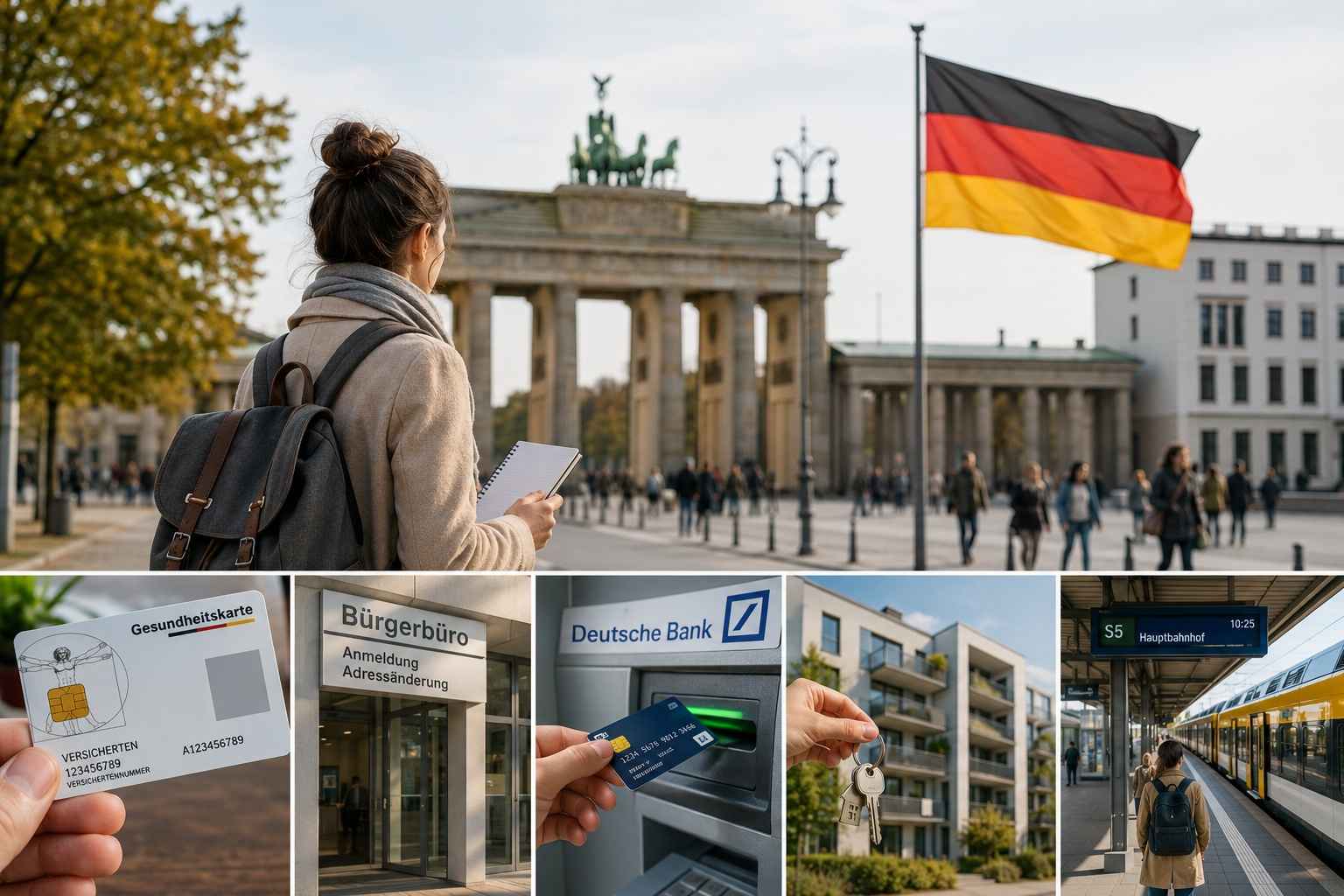 Relocation to Germany with Berlin landmarks, health insurance, registration, banking, housing, and public transport.
