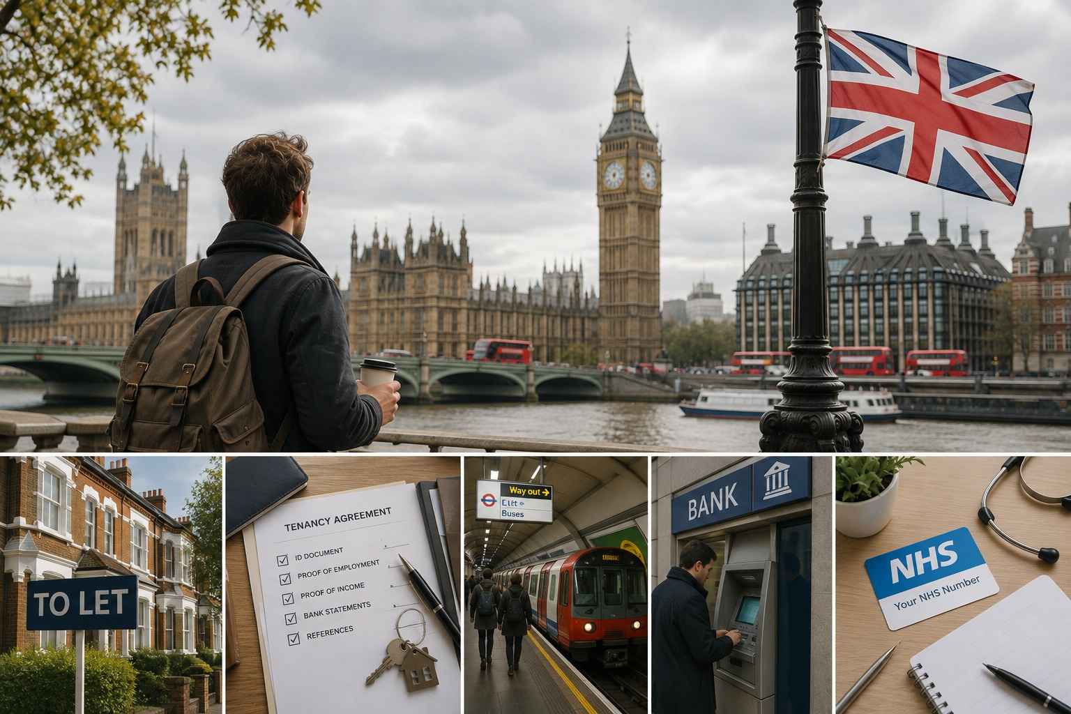 Moving to the UK with London landmarks, housing, banking, transport, and healthcare.