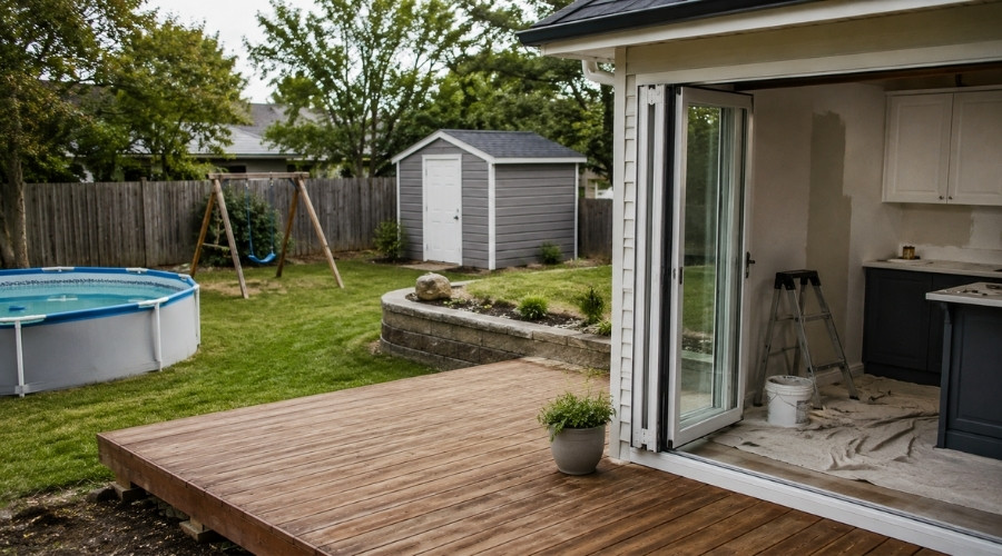 Backyard with a small shed, low deck, fence, retaining wall, above-ground pool and swing set beside a home renovation.