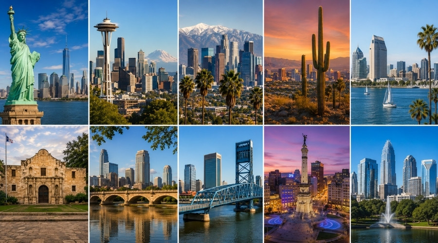 Collage of iconic landmarks and skylines from ten major U.S. cities with different local building permit rules.