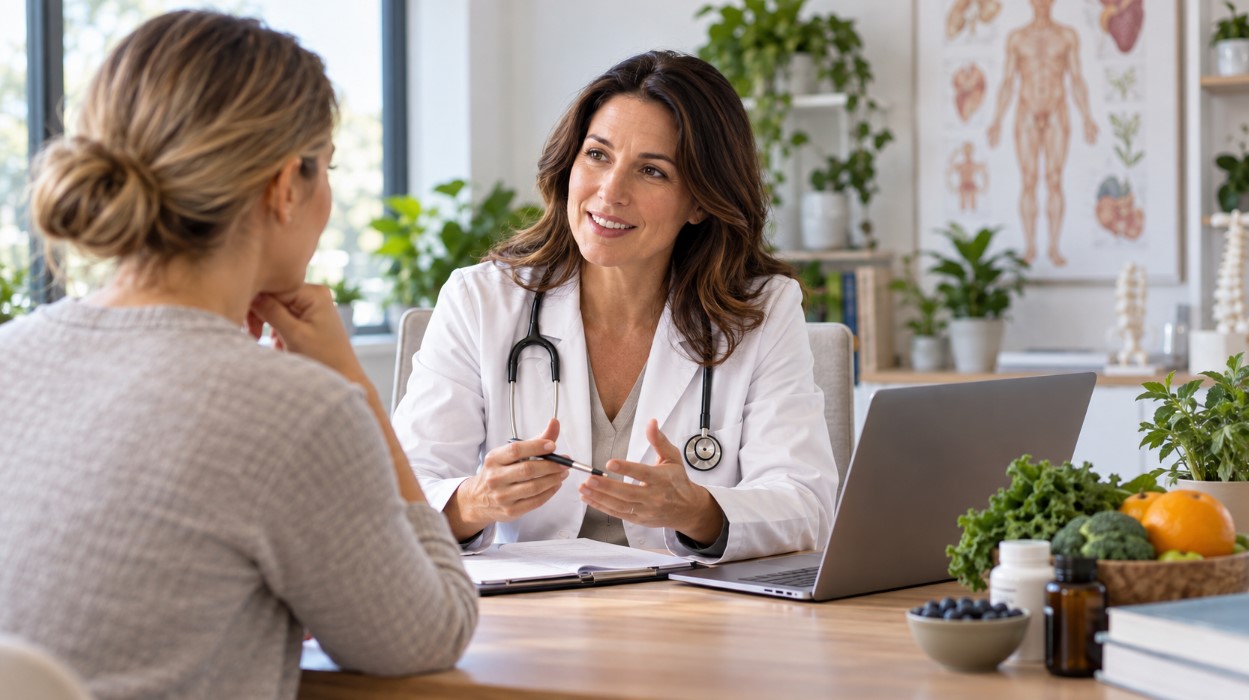 Functional medicine doctor discussing chronic health concerns with a patient during a personalized consultation
