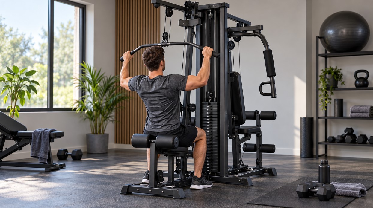 Man performing a lat pulldown on a stack home gym machine in a modern home workout space.