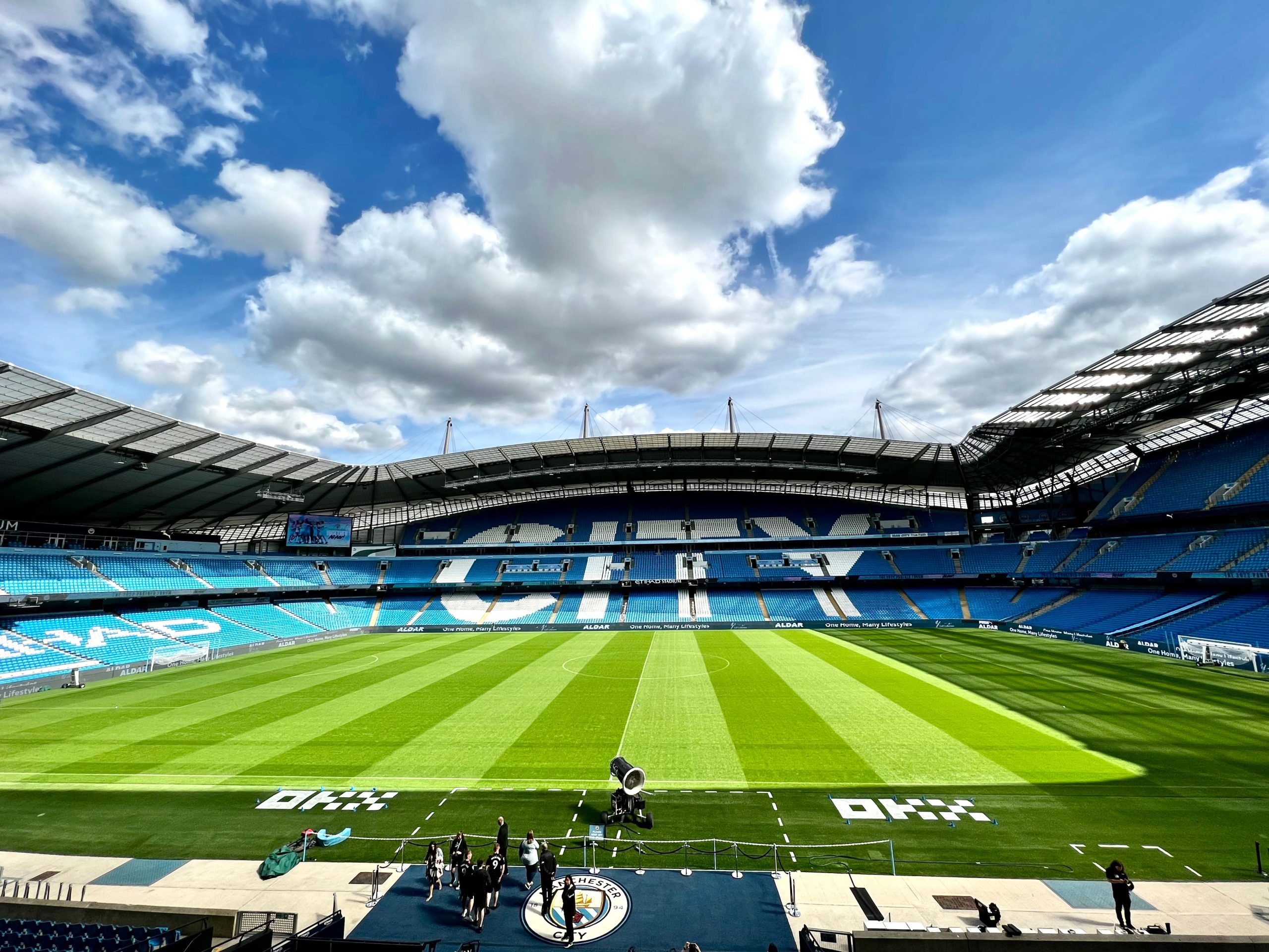 Etihad Stadium football pitch in Manchester, home of Manchester City, before a Premier League match