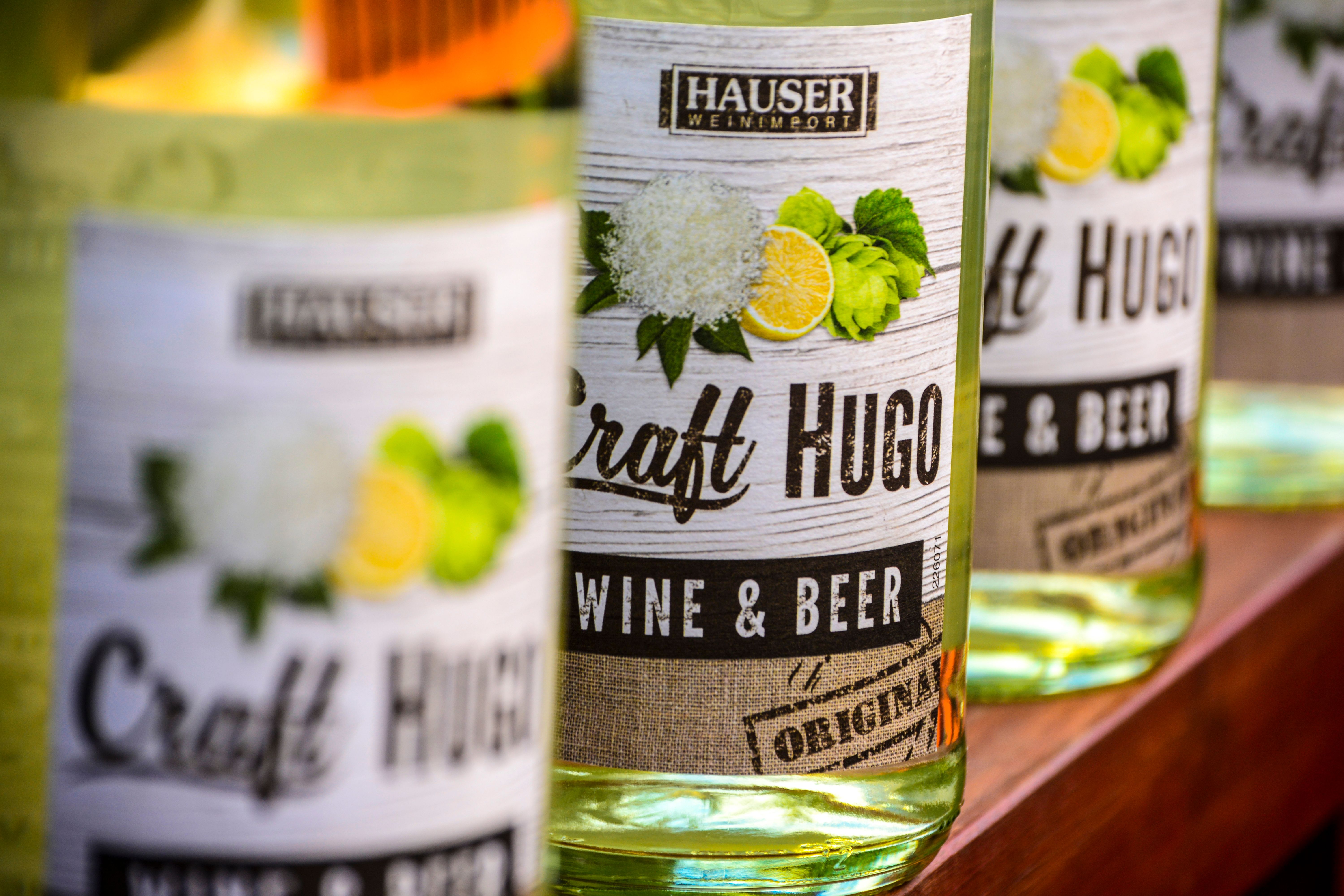 Close-up of craft bottles showing distinctive branding and product label design