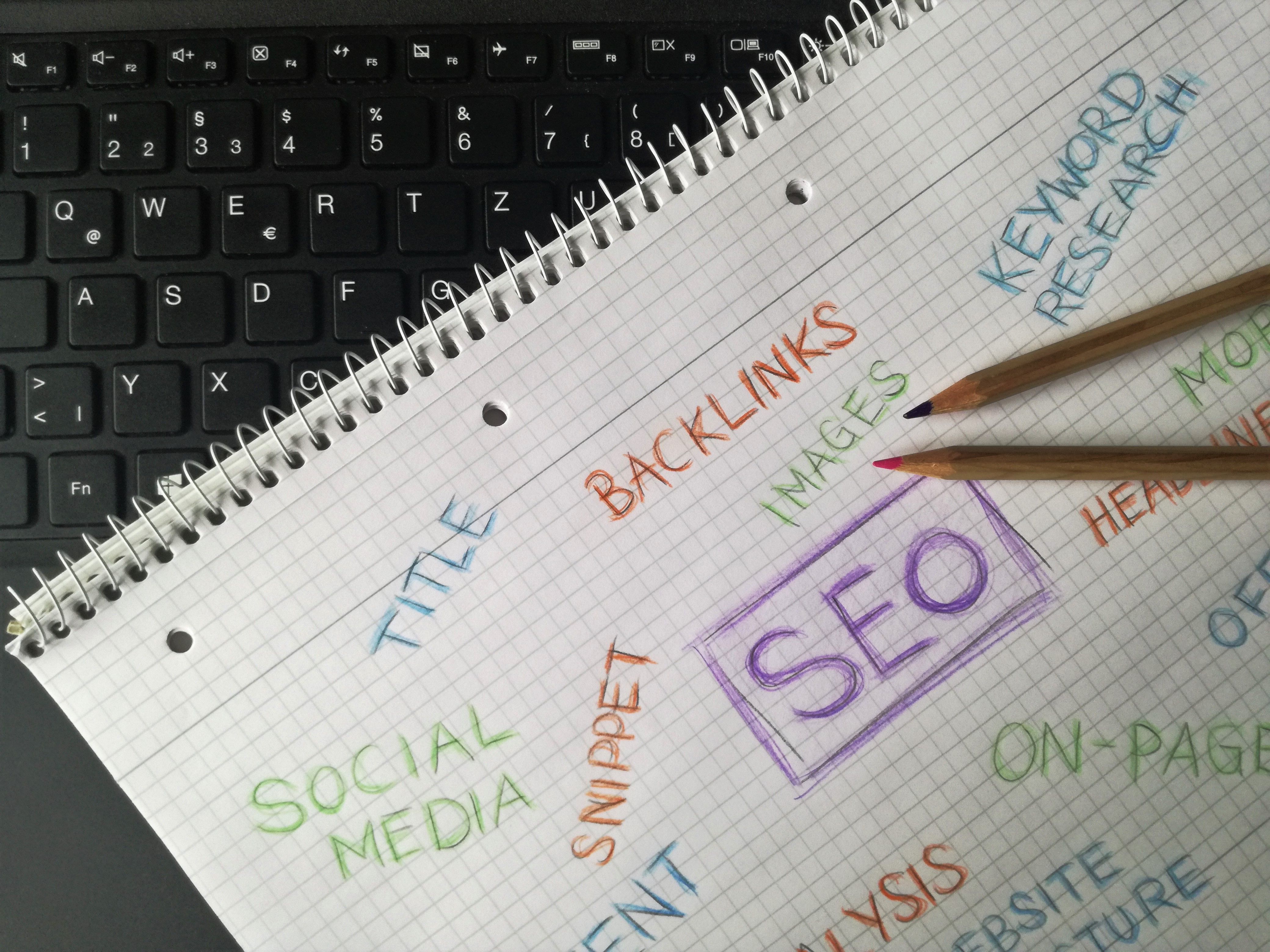 Open notebook covered in SEO terms and keywords for search optimization planning